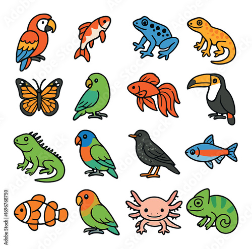 Colorful cartoon animals collection featuring birds, fish, amphibians, and reptiles