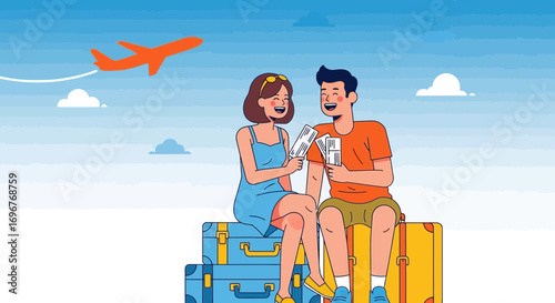 Excited Couple Awaiting Flight, Planning A Refreshing and Adventurous Vacation Journey