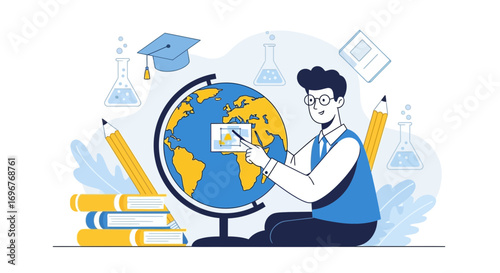 Global Education And Learning Illustration Depicting Teacher With Globe And Pencils