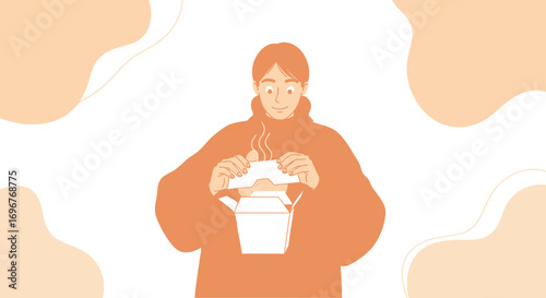 Excited Person Unveiling Takeout Meal From A Box With Anticipation and Delight