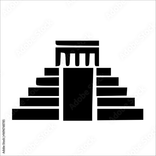 A stark black and white illustration depicts a stepped pyramid structure.