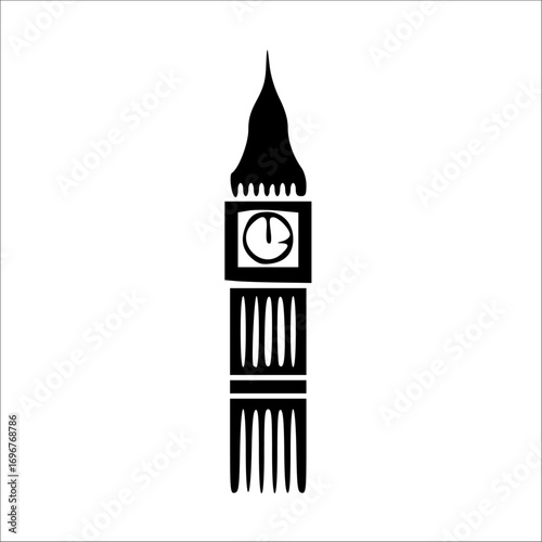 Silhouette illustration of Big Ben, a famous clock tower in London, England, against a white background.