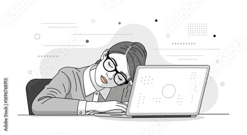 Exhausted Professional Woman Napping At Her Computer Displaying Overwork and Fatigue