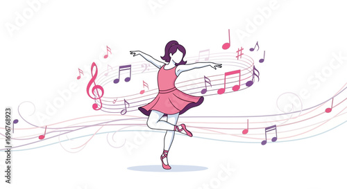 Graceful Ballerina Dancing Amidst Notes and Melodies, A Symphony of Movement and Artistic Expression