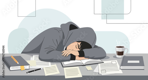 Exhausted Person Sleeping At Desk Surrounded By Coffee, Books, And Documents