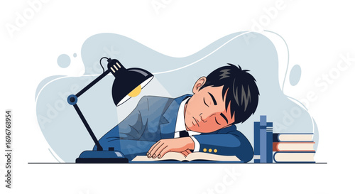 Exhausted Student Napping Over Textbook: Study Fatigue Concept Illustrated with Desk Lamp
