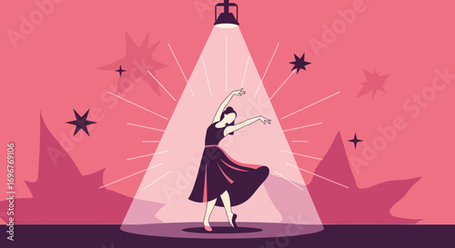Graceful Dancer Performed Under A Spotlight, Pink Tones, Vector Illustration, Art