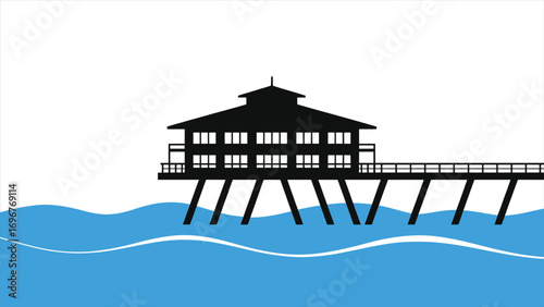 Seaside Hotel on Wooden Pier Over Calm Ocean Waves - Black Silhouette Illustration for Travel, Vacation, Resort Concepts, Beachfront Architecture, Coastal Building Vector Art, Tropical Getaway Design 