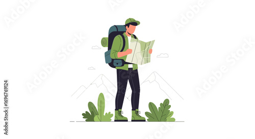 Explorer Contemplates Map On Mountain Trail To Determine New Adventure Destination