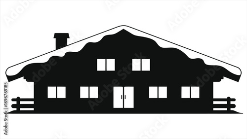 Charming ski chalet hotel silhouette with snow-covered rooftop, cozy mountain lodge design, winter vacation cabin, alpine resort accommodation, perfect for winter holidays, snowy roof, and rustic 