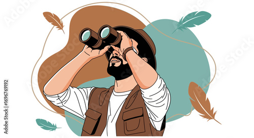 Explorer Staring Through Binoculars, A Stylish Artistic Illustration Concept Design Perfectly