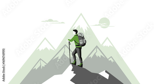 Exploring Adventure: Mountain Hiker Ascending Peak, Vector Illustration, Outdoors Concept