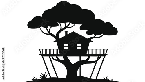 Silhouette of a charming treehouse hotel nestled in a large tree with a wraparound balcony and swings, perfect for nature lovers, eco-friendly stays, adventure vacations, and unique lodging experience