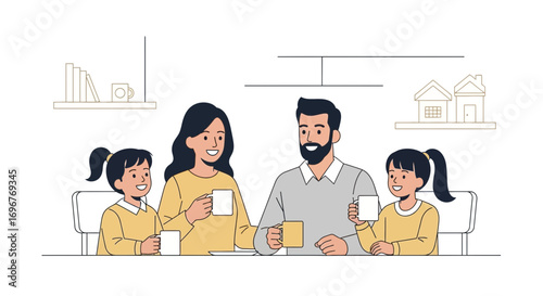 Family Enjoying Hot Beverages Together In Their Home And Happy Moments Always