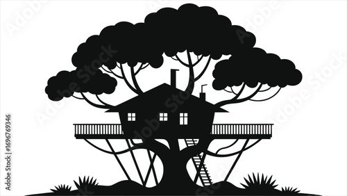 Stylish Black & White Silhouette of a Treehouse Hotel with Balcony and Stairs, Perfect for Eco-Tourism and Nature Retreat Concepts