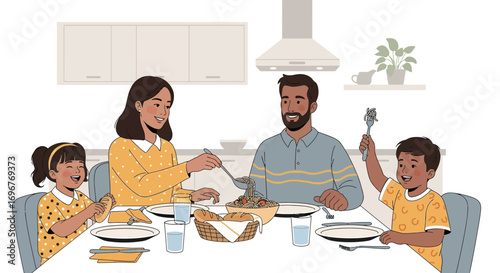 Family Gathering: A Warm Illustration Depicting Joyful Mealtime with Children and Parents