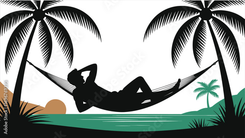Tropical Resort Hotel with Hammocks on Beach, Relaxing Vacation Destination, Palm Trees, Ocean View, Sunset, Summer Holiday, Tranquil Getaway, Paradise Retreat, Relaxation, Travel Illustration