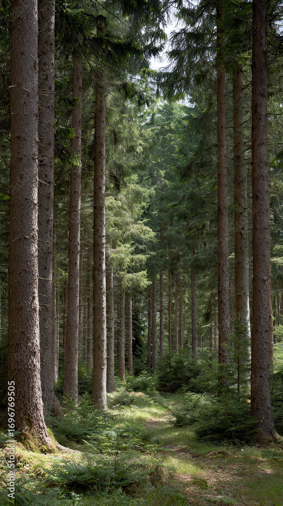 Fototapeta premium Tall pine trees in serene forest create peaceful atmosphere