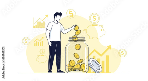 Growing Finances Through Savings: A Person Deposits Coins into a Jar for Economic Advancement