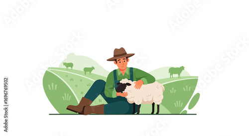 Farmer Comforts Lamb, Showing Affection On The Rolling Green Hills of The Farm
