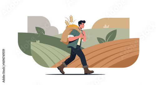 Farmer Carrying A Full Bag Of Grain While Walking Across Abstract Fields