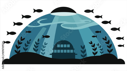Underwater dome hotel silhouette with fish silhouettes surrounding a glass aquarium marine resort concept in seagrass environment, oceanic architecture for aquatic tourism and unique undersea 