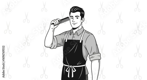 Handsome Barber Holding Comb with Confident Pose in Front of Scissors Icon Background