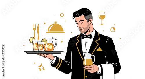 Handsome Waiter in Formal Attire Serving Drinks with Elegant Tray and Drinks and Wine Glass