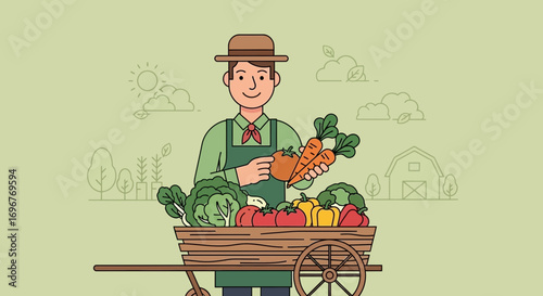 Farmer Displaying Freshly Harvested Vegetables with a Rustic Wooden Wheelbarrow