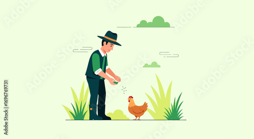 Farmer Giving Grains To Chicken In Rural Field For Agricultural Purposes