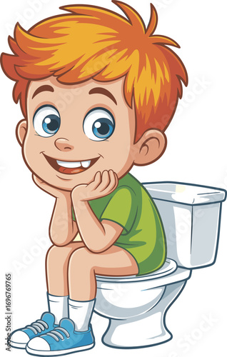 Cartoon Smiling Boy Sitting on Toilet, Potty Training Vector for Kids Hygiene, Bathroom Education, Parenting, Clean Routine and Childcare
