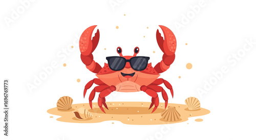 Happy Cartoon Crab Wearing Stylish Sunglasses at the Beach Smiling for Summer Vacation