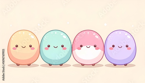 cute cartoon illustration of pastel colorful mochi on pastel background