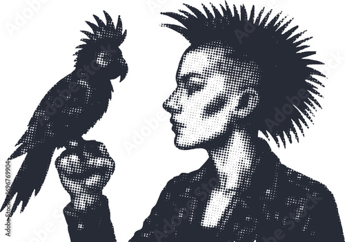 Halftone punk girl with spiked hair holding a punk parrot illustration – bold retro black and white vector art with striking style