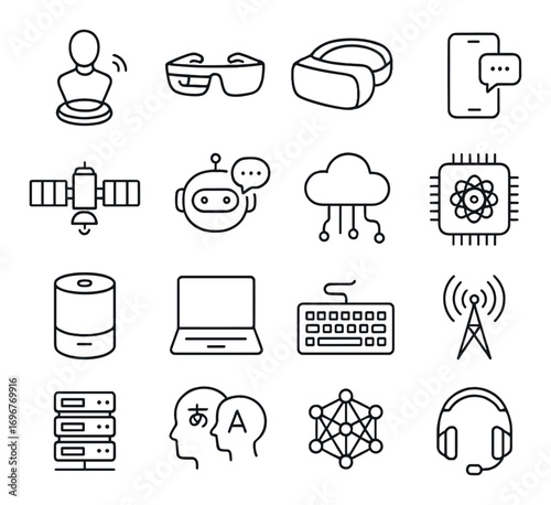 Icon set: ai, cloud computing, virtual reality, and communication technology graphics