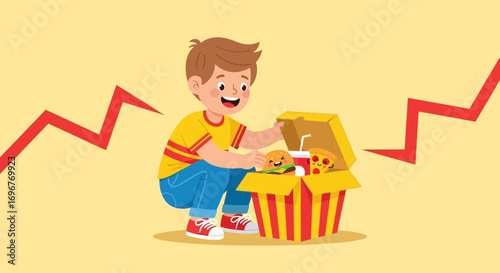 Happy Child Discovering Food Items Inside Delivery Box With Cartoon Graph Background