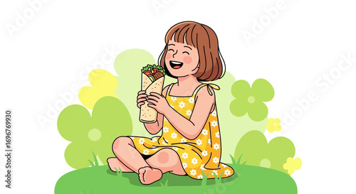 Happy Child Eating Wrap in A Sunny Garden, Enjoying Delicious Food and Nature