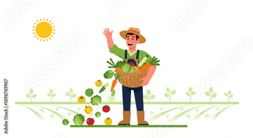 Farmer Harvesting Fresh Vegetables with Warm Sunlight Shining on Organic Produce