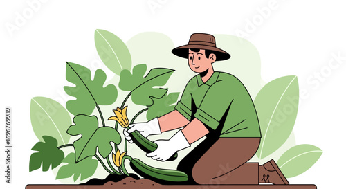 Farmer Harvesting Fresh Vegetables In Garden Among Lush Green Foliage