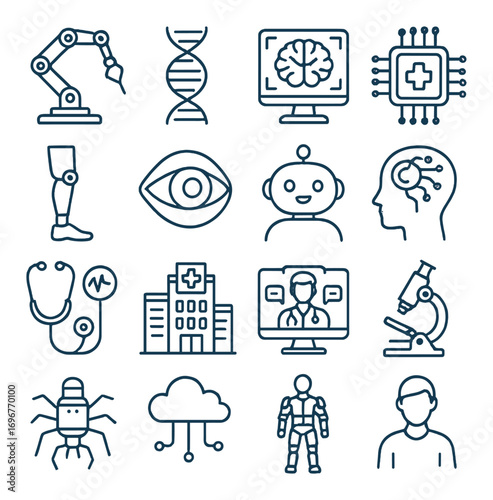Futuristic technology icons: ai, robotics, healthcare, and biotechnology symbols