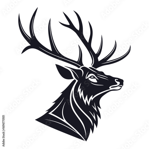 Black Silhouette of a Deer Head with Antlers in Profile on White stag