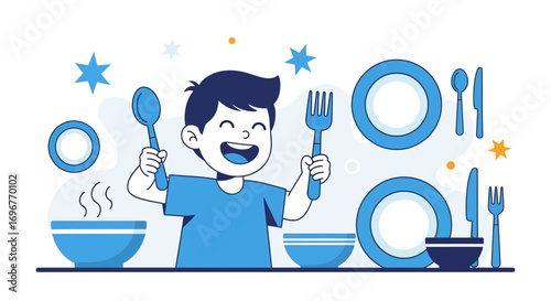 Happy Child Ready To Eat, Illustration Of Lunchtime, Dinner Table Setting