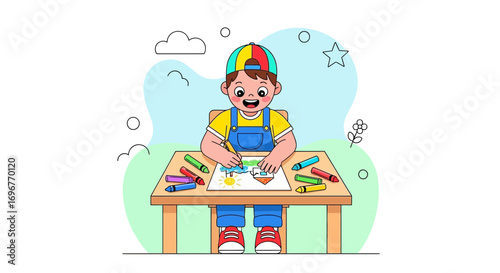 Happy Child's Artistic Creation: A Colorful Drawing on a Wooden Table, Creative Illustration