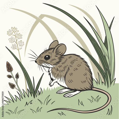 Wild Field Mouse Sitting on Grass Close-Up