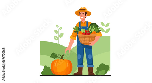Farmer Harvesting Vegetables and Pumpkin in Agricultural Field for Healthy Lifestyle