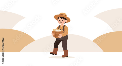 Happy Farmer Harvesting Eggs, Representing Fresh Produce and a Vibrant Agricultural Life