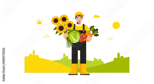Farmer Holding Harvested Vegetables And Sunflowers In A Sunny Field Illustration