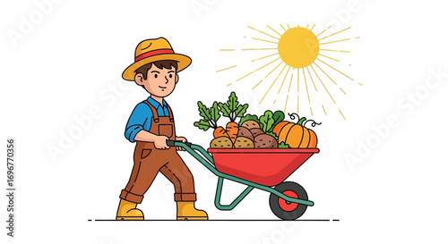 Happy Farmer Transporting Freshly Harvested Vegetables in a Wheelbarrow Under the Bright Sun
