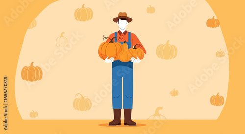 Farmer Holding Pumpkins in a Field, Autumn Harvest, Graphic Illustration Style.