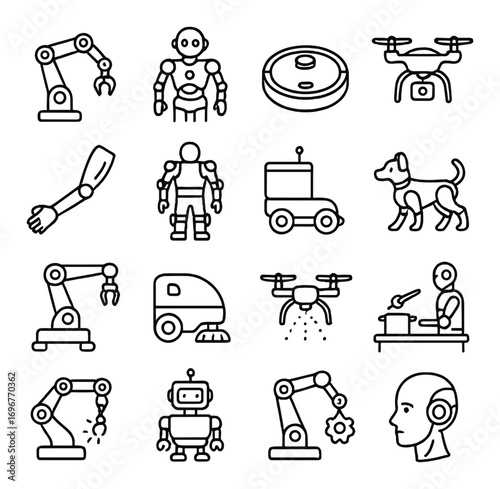 Robotics and ai icons: drones, robots, robotic arms, and technology symbols